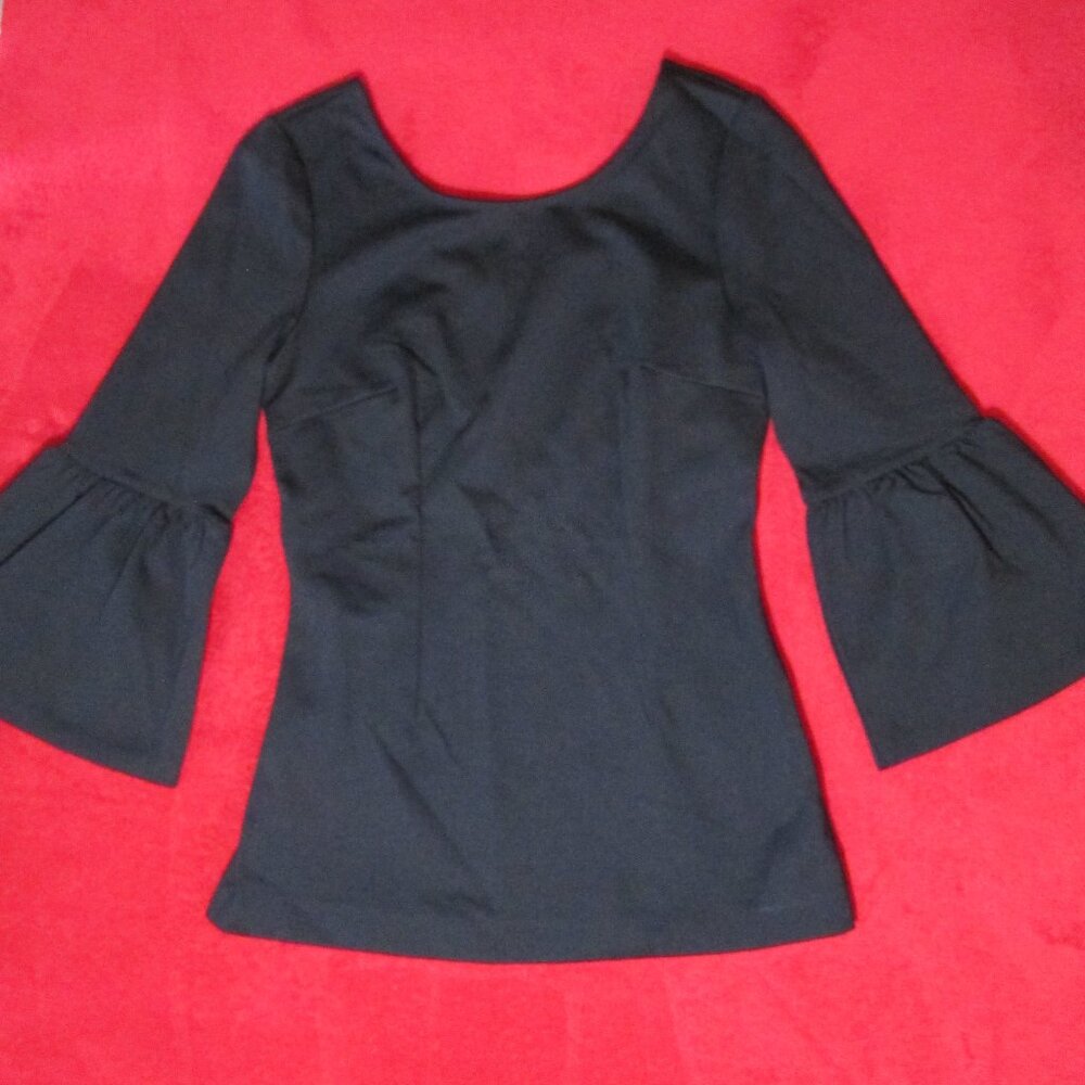 Boden Bell Sleeve Black Top Blouse Form Fitting Stretch